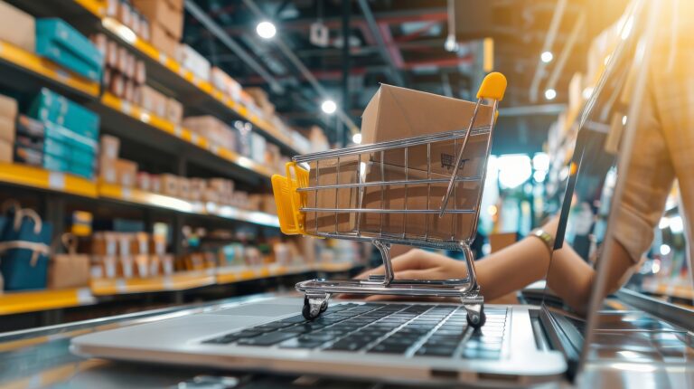 Carrinho de compras em miniatura com caixas de papelão sobre o teclado de um laptop, em um ambiente que lembra um estoque ou armazém, com prateleiras cheias de produtos ao fundo representando marketplace, logística e vendas online.
