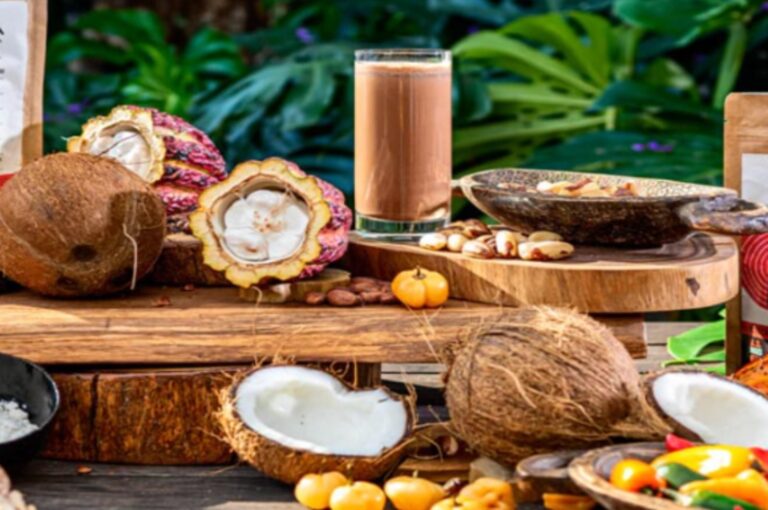 Ingredientes naturais brasileiros como cacau aberto, coco seco, castanhas e frutos tropicais organizados em bancada de madeira com copo de bebida saudável ao fundo, representando o nicho de foodtech e exportação cross-border.