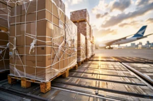 Contêiner de exportação e caixas prontas para venda na Amazon americana, ilustrando a logística no e-commerce internacional.