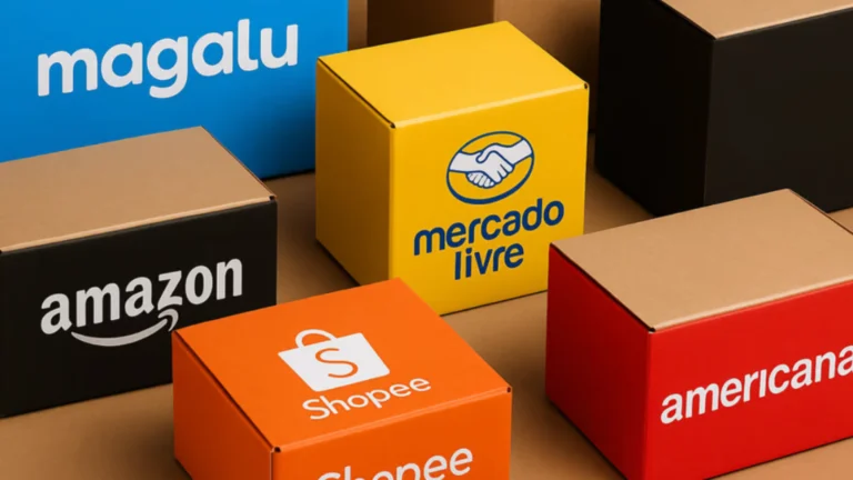 Diversas caixas de papelão personalizadas com os logotipos da Magalu, Mercado Livre, Amazon, Shopee e Americanas, representando as principais opções de marketplaces para vender e estruturar uma operação de e-commerce no Brasil.