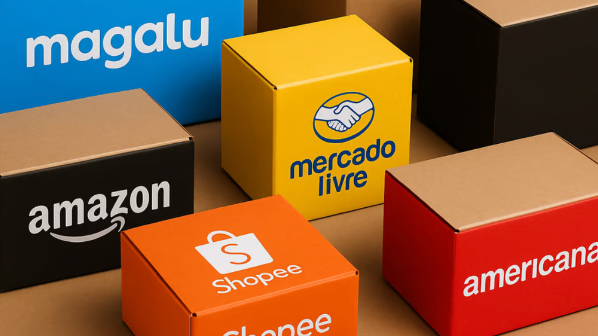 Diversas caixas de papelão personalizadas com os logotipos da Magalu, Mercado Livre, Amazon, Shopee e Americanas, representando as principais opções de marketplaces para vender e estruturar uma operação de e-commerce no Brasil.