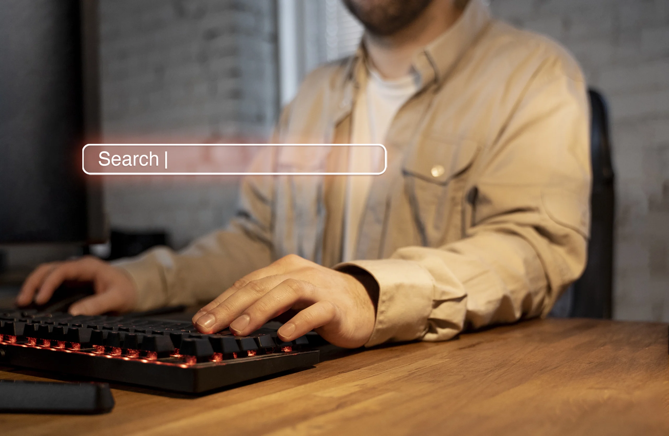 Gestor de e-commerce pesquisando termos em barra de busca digital para otimizar estratégias de Amazon SEO e Google SEO na expansão internacional.